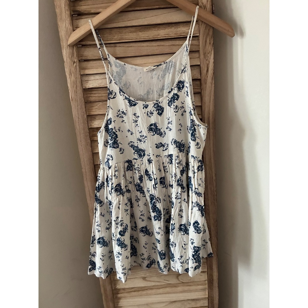 En Creme Women XS Blue Floral Babydoll Cami Top Tiered Boho Linen Blend